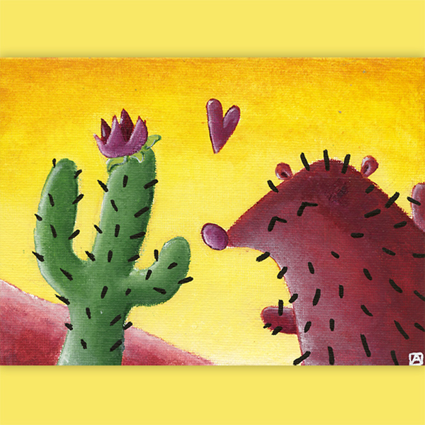 tableau hérisson amoureux d'un cactus